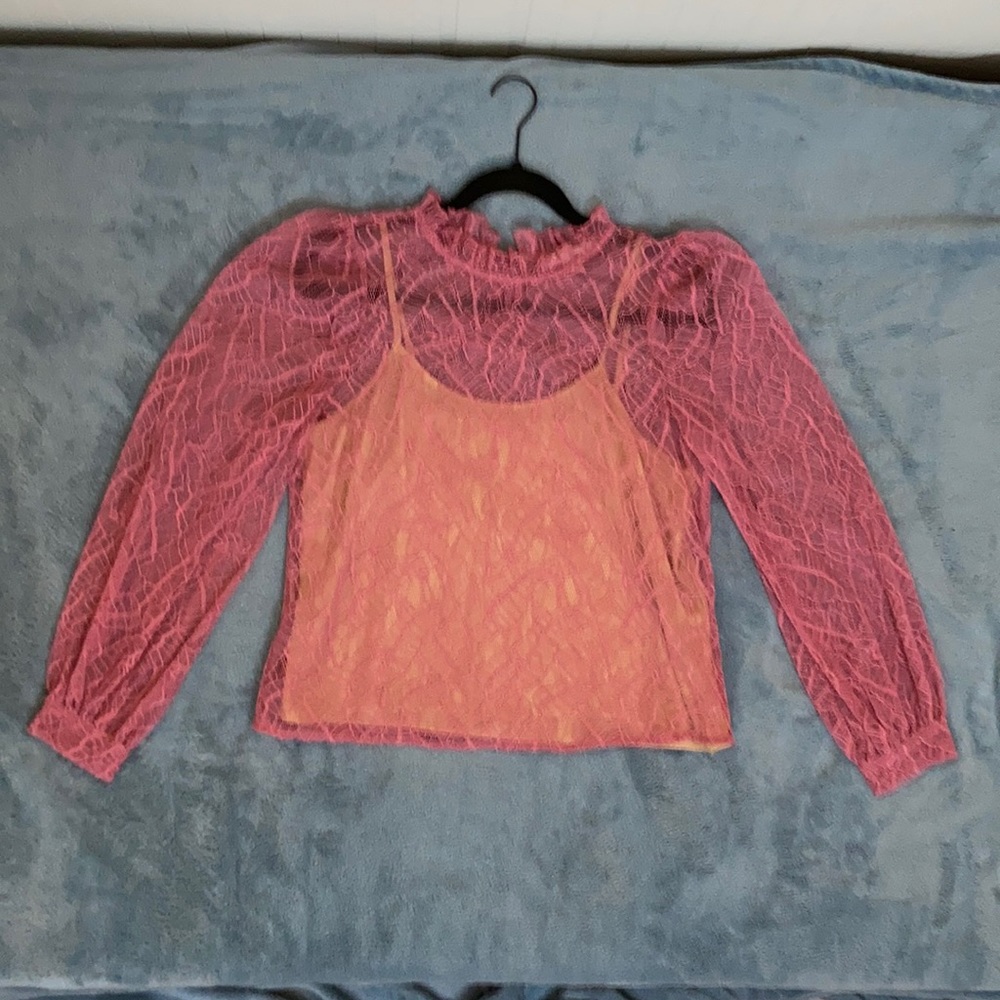 semi-transparent pink lace blouse with liner